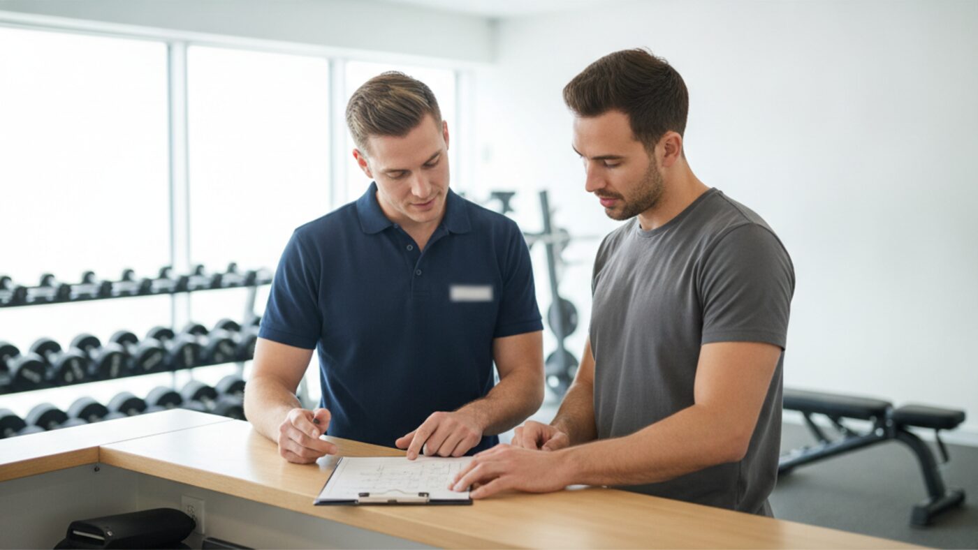 Physiotherapist and fitness coach standing at a clinic counter looking over a printed training plan together, gym floor behind them