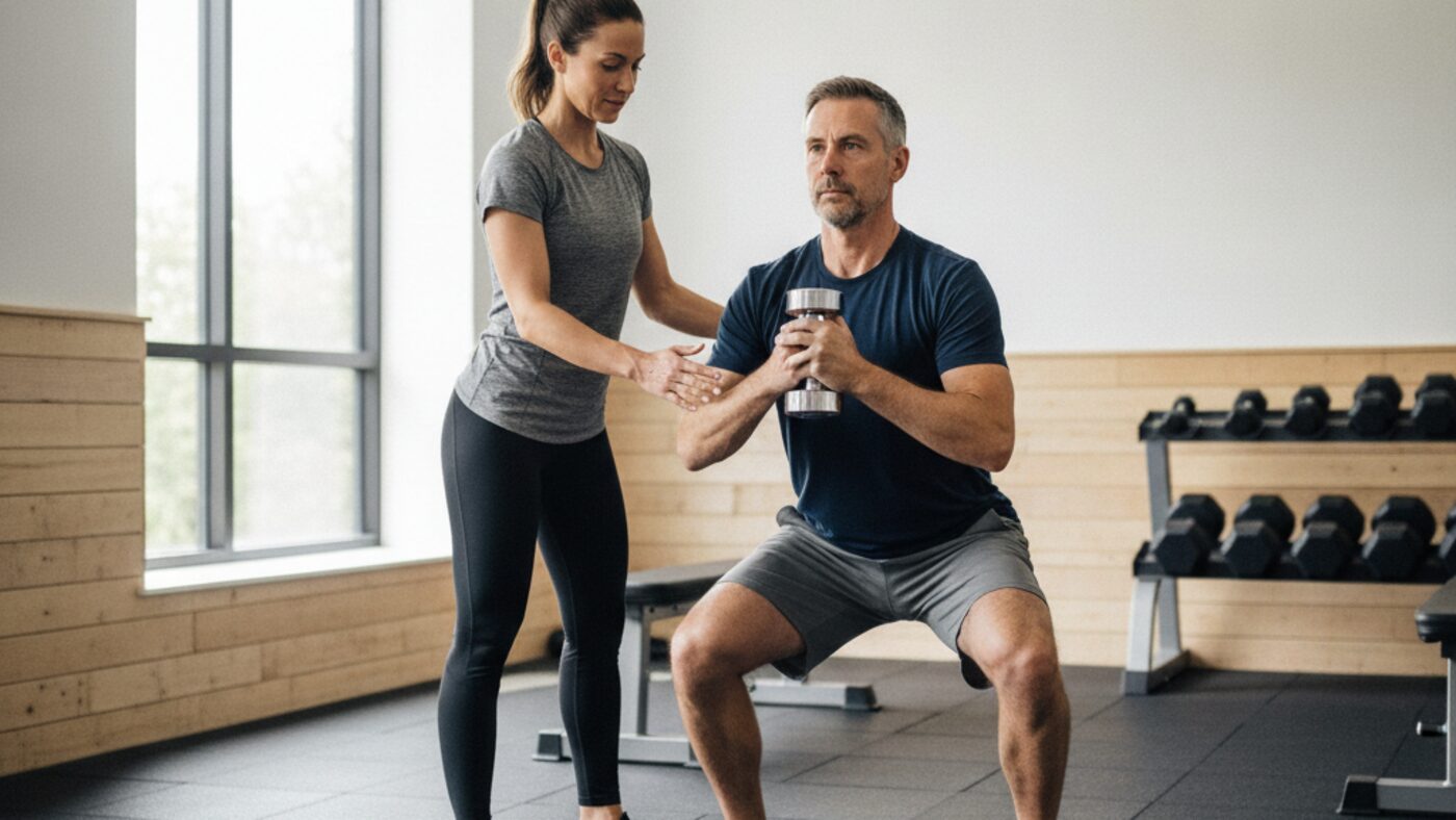 Fitness coach cueing a middle-aged client through a goblet squat with a light dumbbell in a bright gym