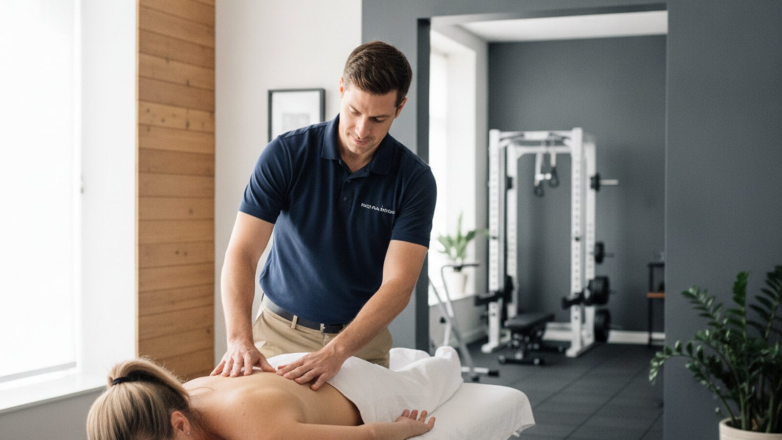 Chiropractor assessing a patient's lower back in a treatment room with the gym floor visible through a doorway behind