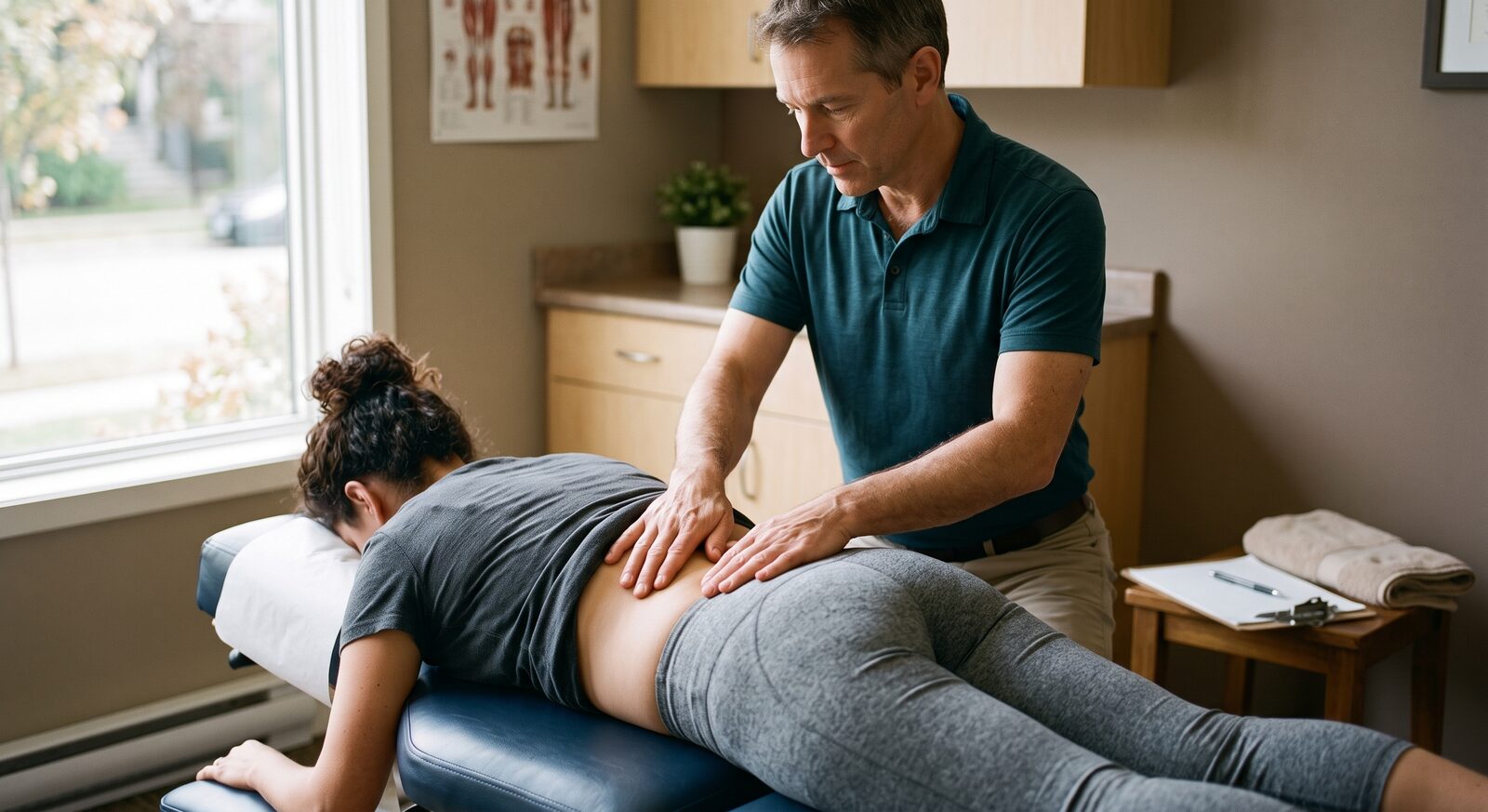 Chiropractor assessing spinal joint movement on a patient's lower back before treatment
