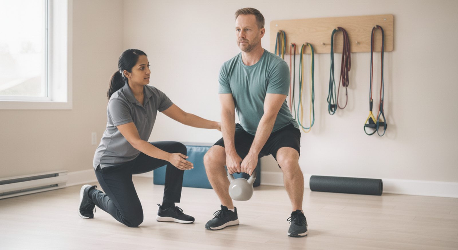 Physiotherapist coaching a patient through a progressive strengthening exercise in a Keswick clinic gym