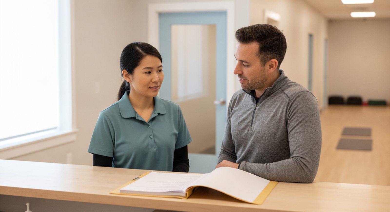 Chiropractor and physiotherapist discussing a shared patient's treatment plan at the same clinic