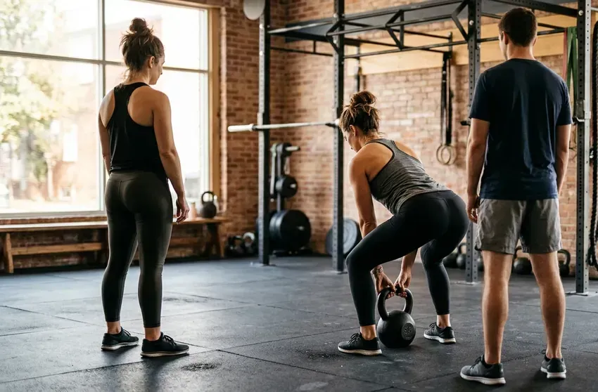 Coach in a fitness studio demonstrating a kettlebell movement to a small group, faces turned away