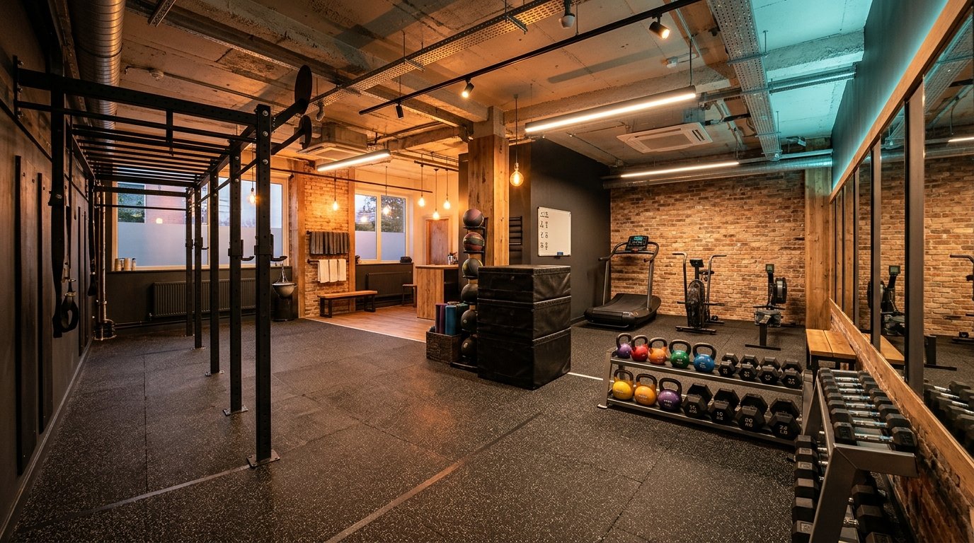 Small group fitness studio set up for a HIIT class with a pull-up rig, cardio machines and kettlebells