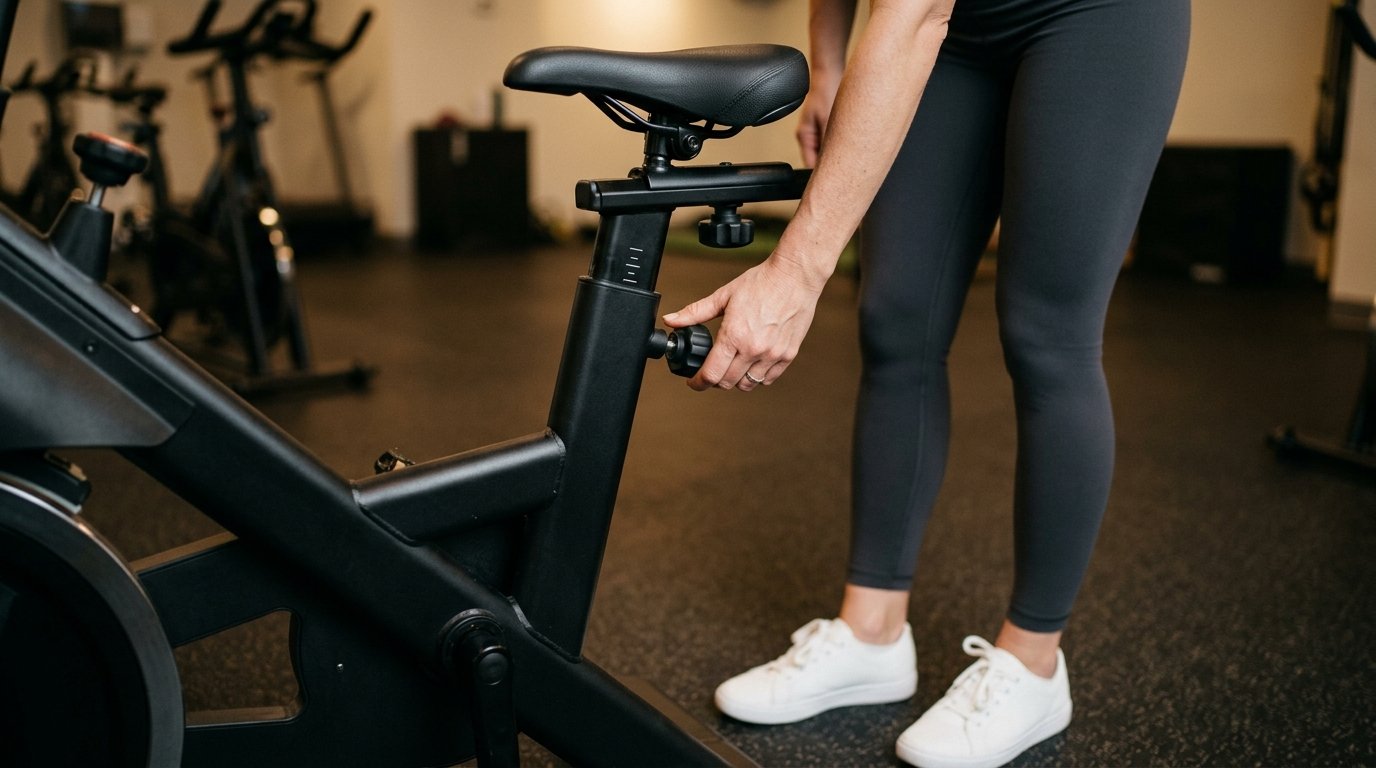 Rider adjusting the seat height of an indoor spin bike to hip level before class