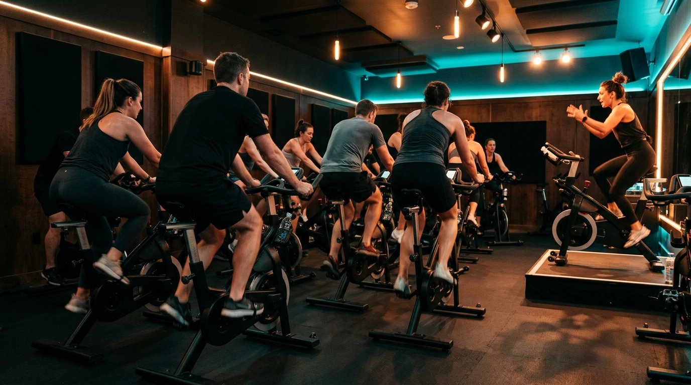 Small group of riders pedalling in an indoor cycling class with warm studio lighting