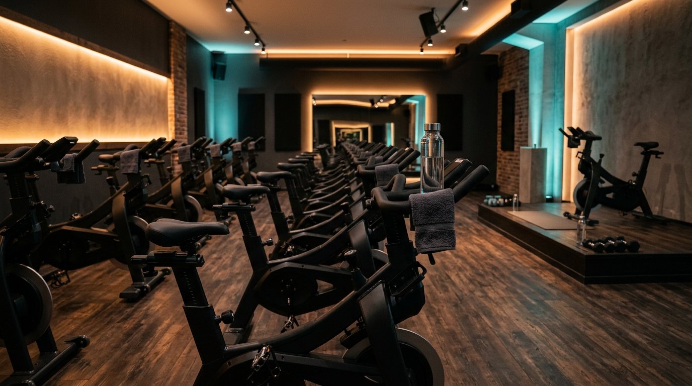 Row of indoor spin bikes in a small cycling studio with warm lighting before a first spin class
