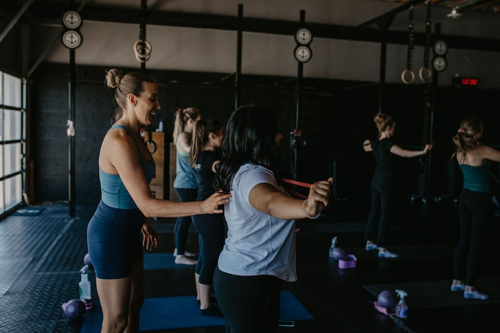 Small-group GROWCO participants completing coached resistance-band exercises in Anchor's Keswick studio