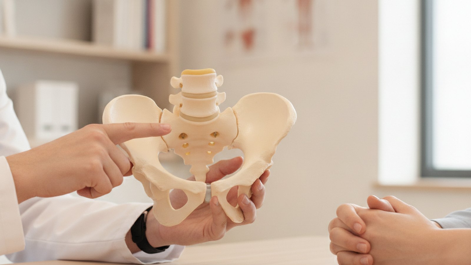 Clinician holding an anatomical pelvis model on a desk to explain pelvic floor anatomy to a patient