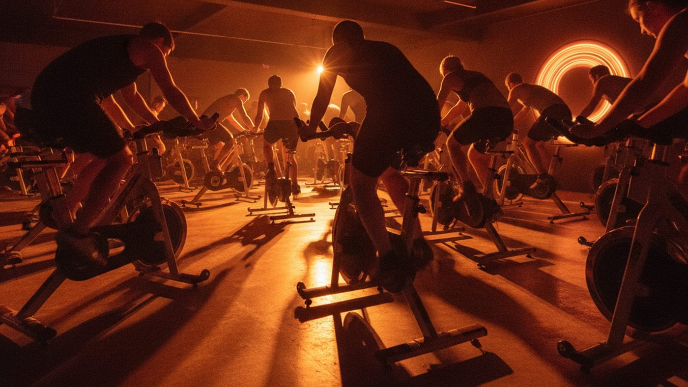 Riders pedalling in a rhythm-based indoor cycling class under warm studio lighting