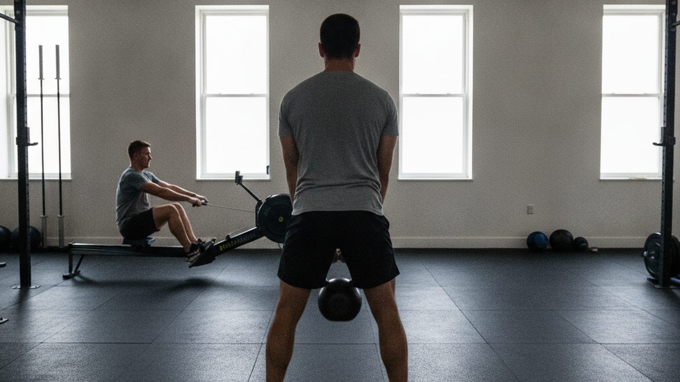 Person performing a kettlebell swing while another member rows in a bright strength and conditioning gym