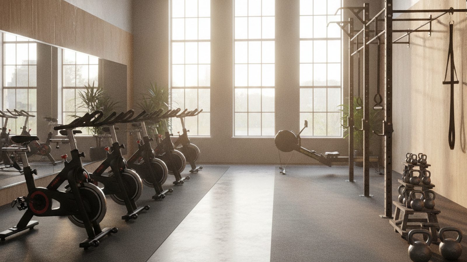 Fitness studio with a row of indoor cycling bikes on one side and a rowing machine, kettlebells and pull-up rig on the other
