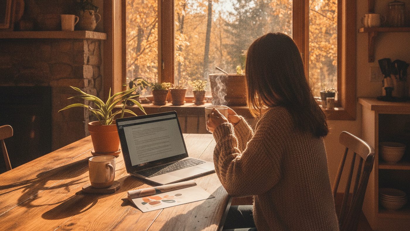 Person at a kitchen table with a laptop, a mug of tea and a benefits booklet, checking chiropractic coverage at home