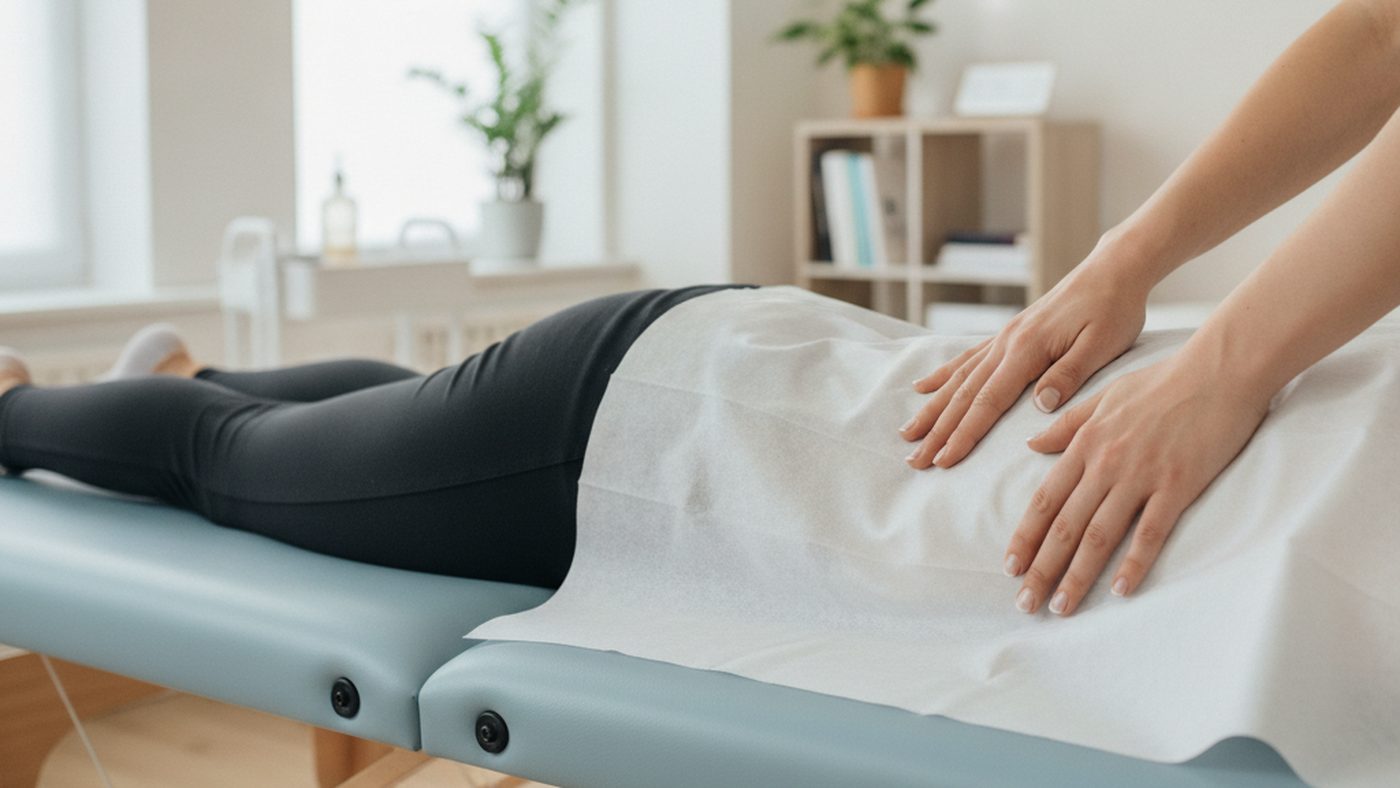 Chiropractor's hands assessing a patient's lower back on a treatment table during a chiropractic appointment