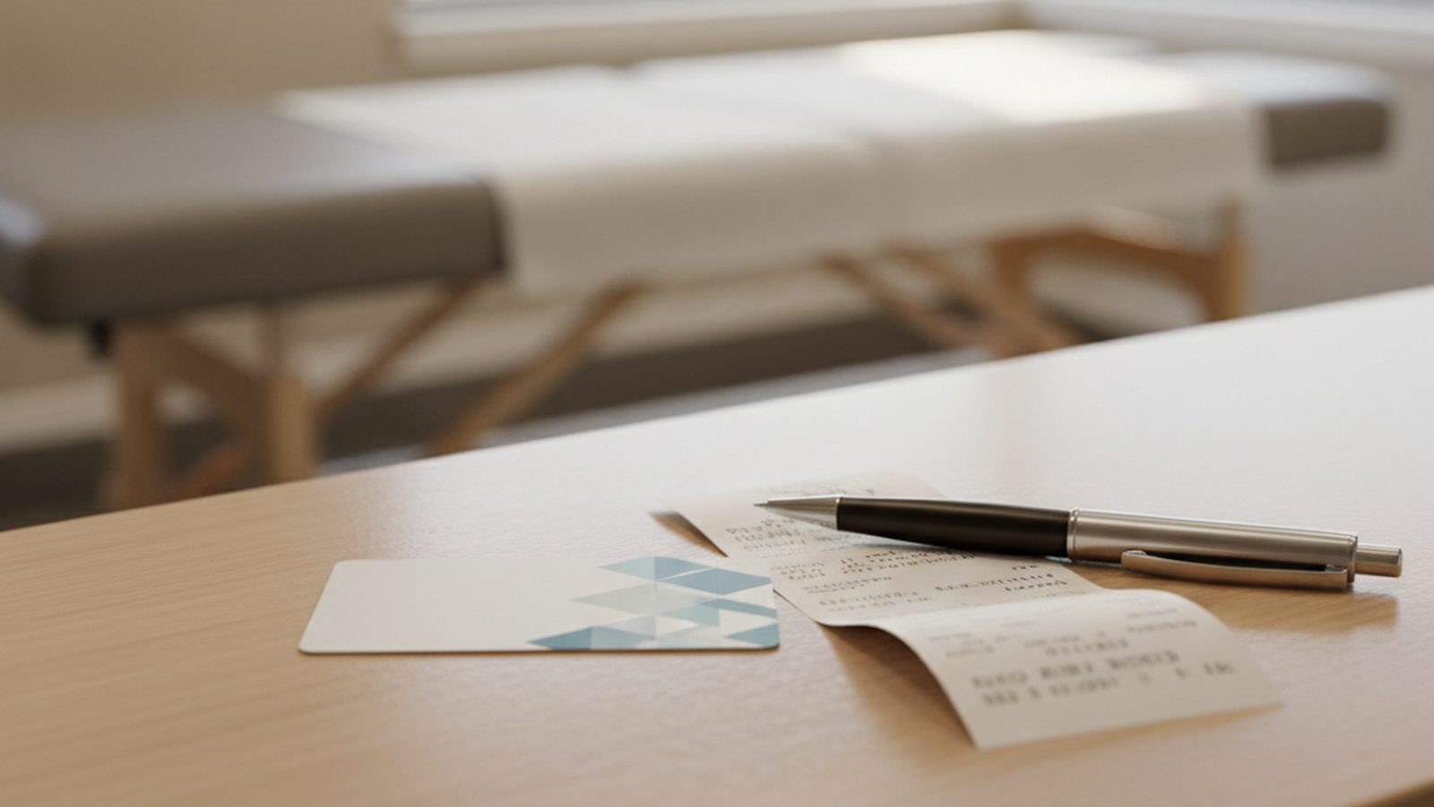 Health benefits card, clinic receipt and pen on a chiropractic clinic counter, treatment table in the background