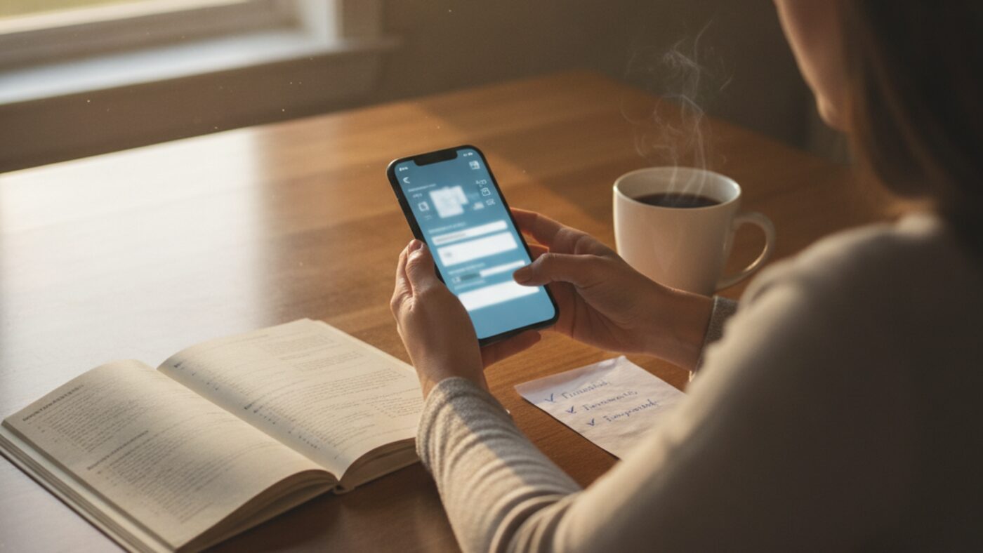 Person at a kitchen table checking osteopathy coverage in an insurance app, with a benefits booklet and a short checklist