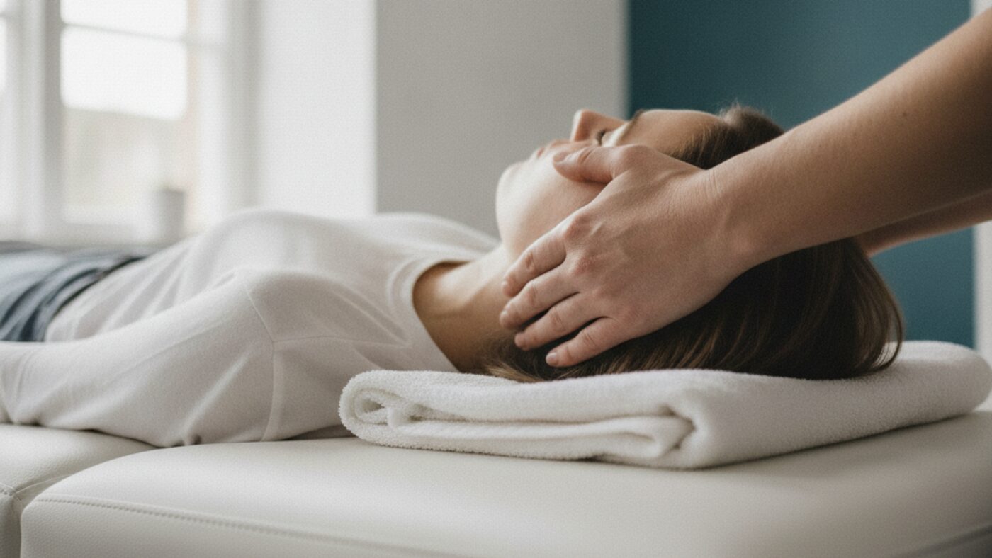 Practitioner's hands gently supporting a patient's head and neck during a hands-on osteopathy treatment