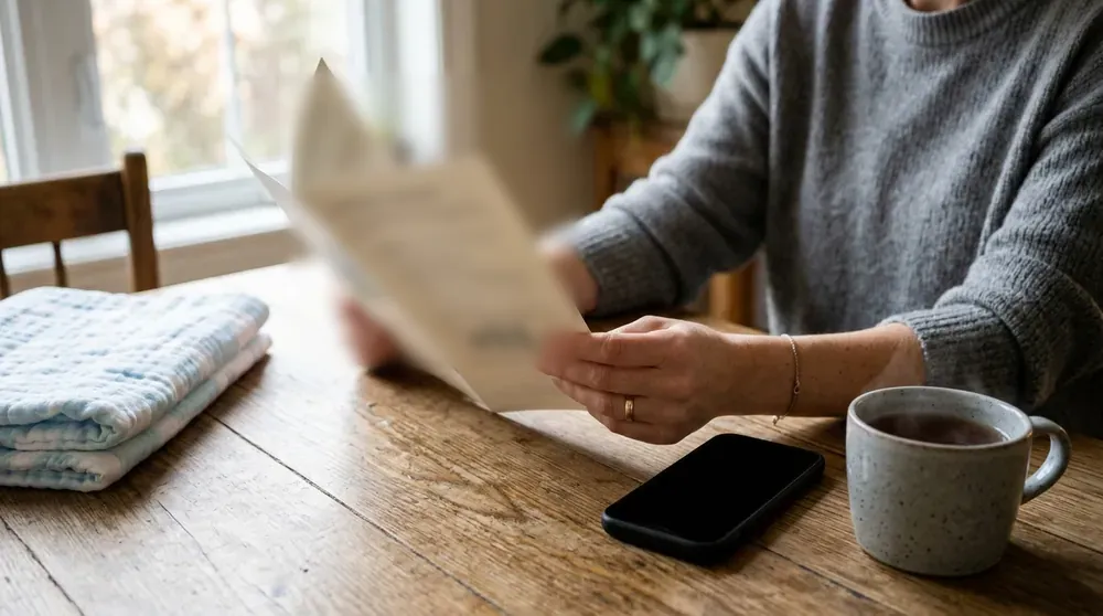 Hands checking an extended health benefits booklet next to a phone and a clinic receipt