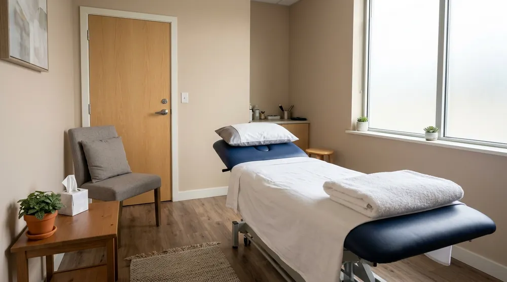 Calm private treatment room with a padded table, folded towel and soft daylight