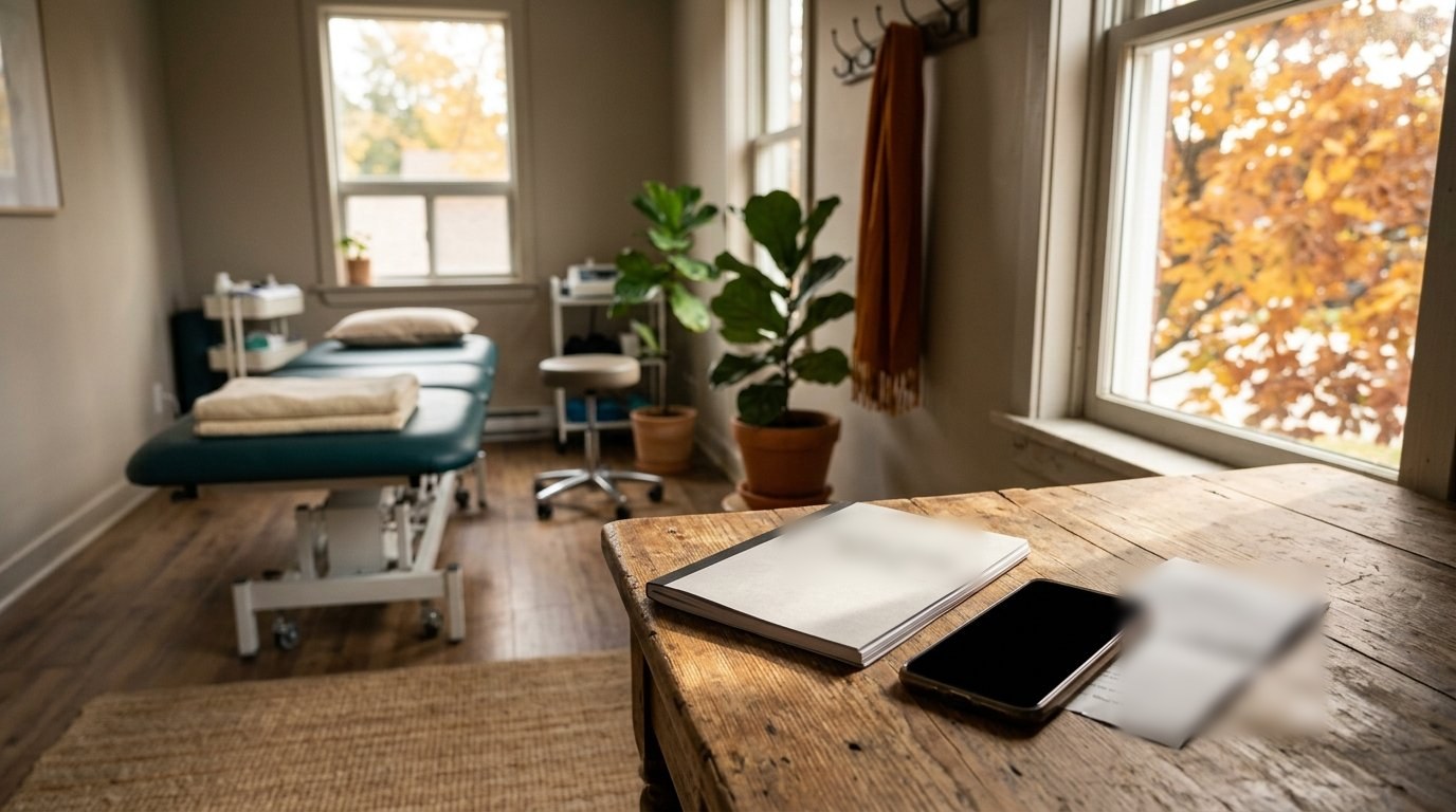 Benefits booklet, phone and clinic receipt on a desk beside a calm pelvic floor physiotherapy treatment room