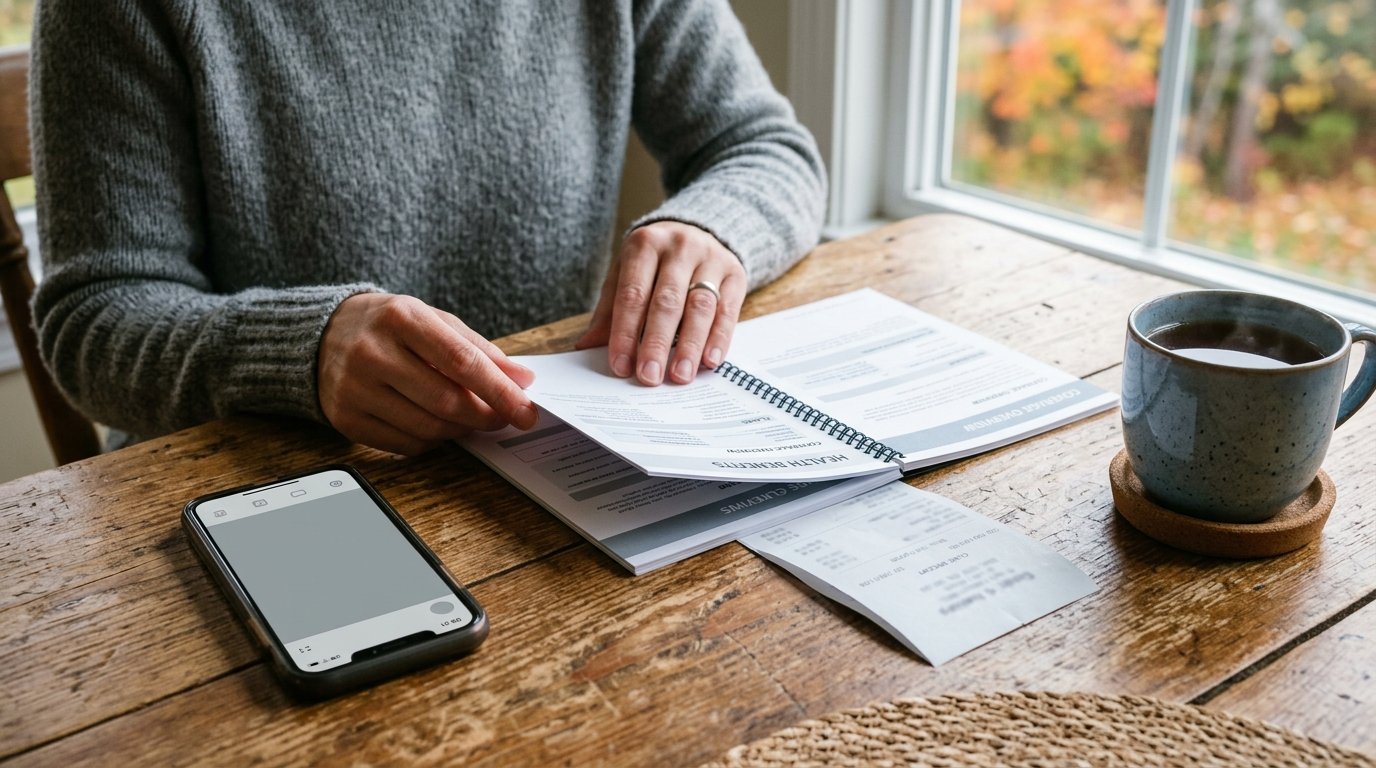 Hands checking an extended health benefits booklet and a clinic receipt at a kitchen table