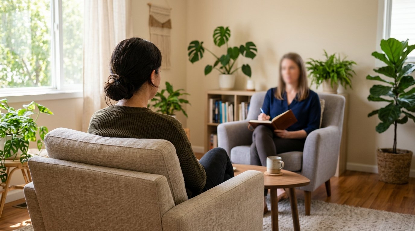 Woman seen from behind sitting in an armchair during a calm first therapy consultation