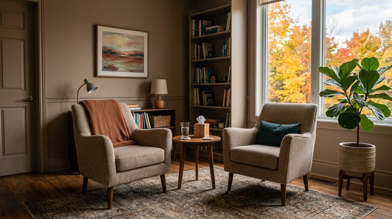 Two armchairs facing each other in a calm psychotherapy office with autumn leaves outside the window