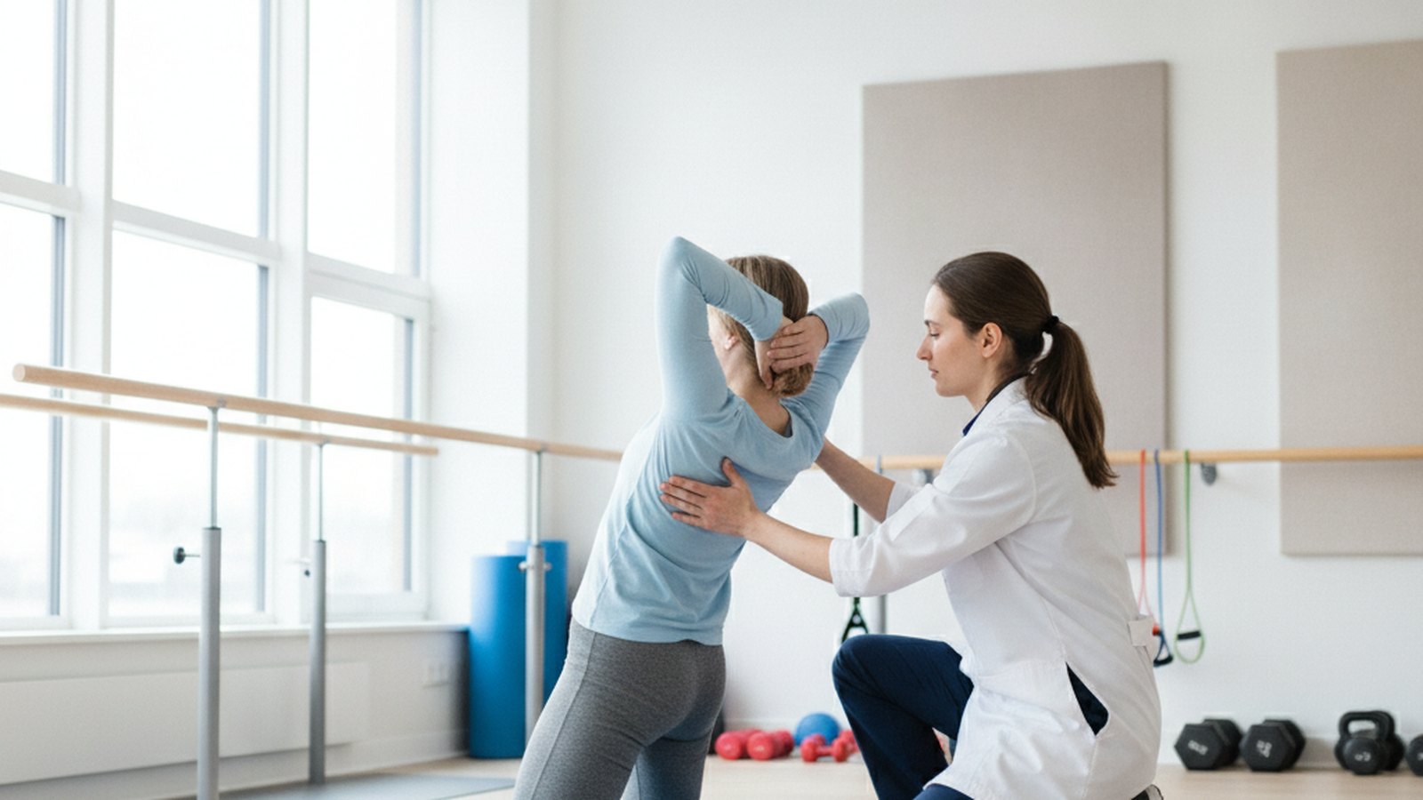 Person performing a guided back mobility exercise on a mat in a bright rehabilitation gym