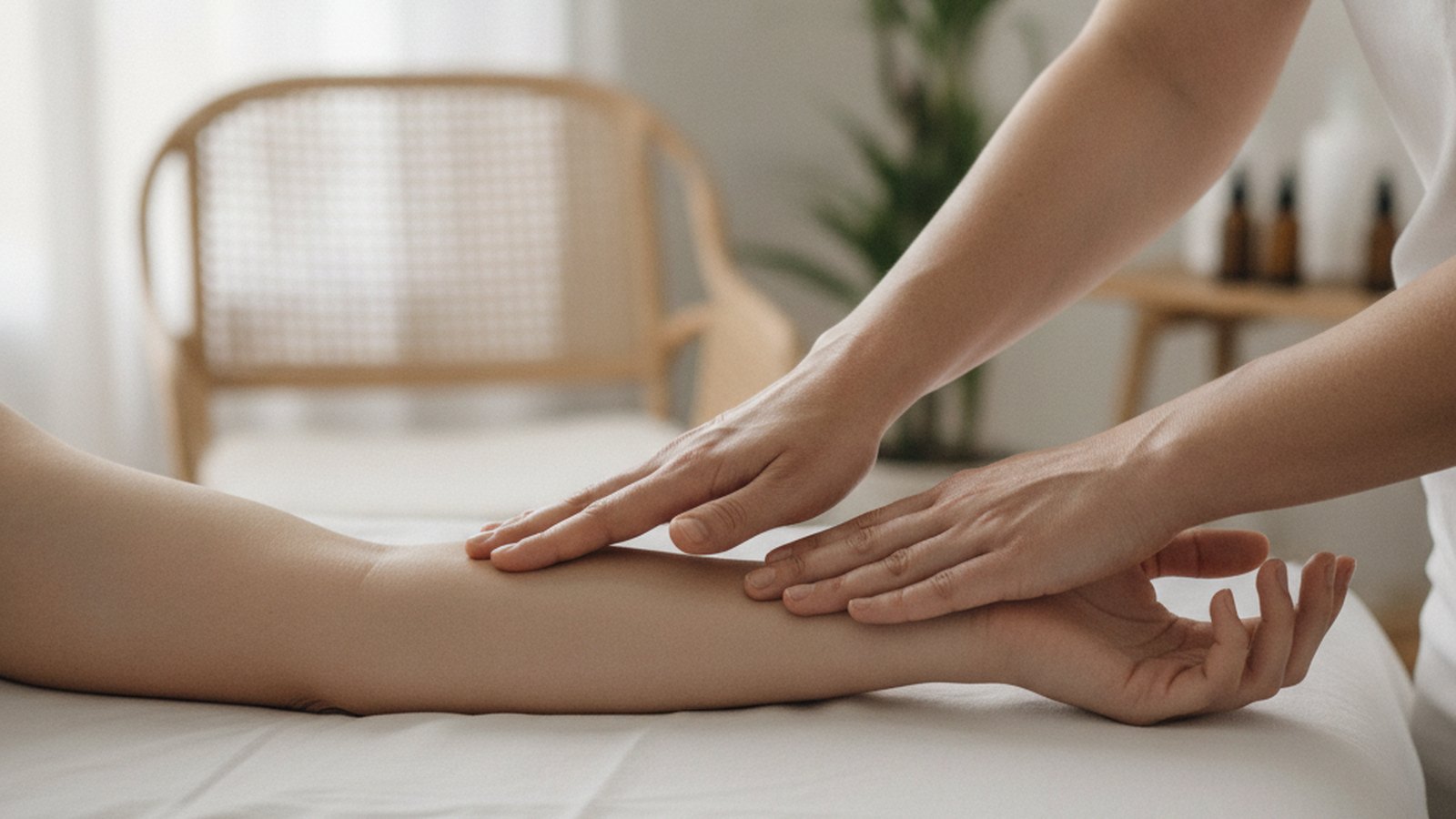 Massage therapist using light gliding strokes along a client's forearm on a treatment table