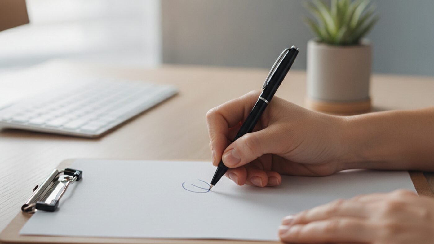 Close-up of hands filling in a clinic insurance receipt on a desk beside a keyboard
