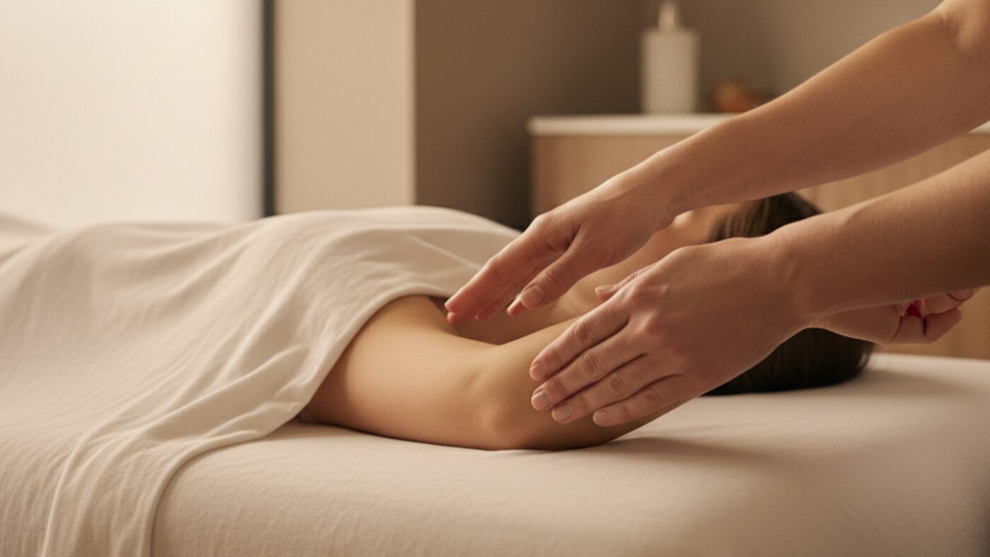 Massage therapist performing light lymphatic drainage strokes along a client's arm on a treatment table