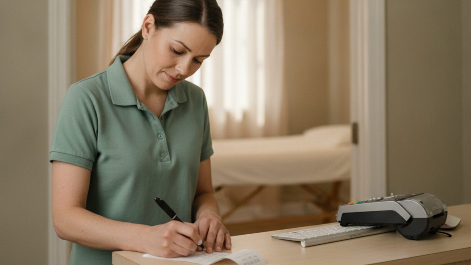 Registered Massage Therapist writing an insurance receipt at a clinic reception desk, treatment room visible behind
