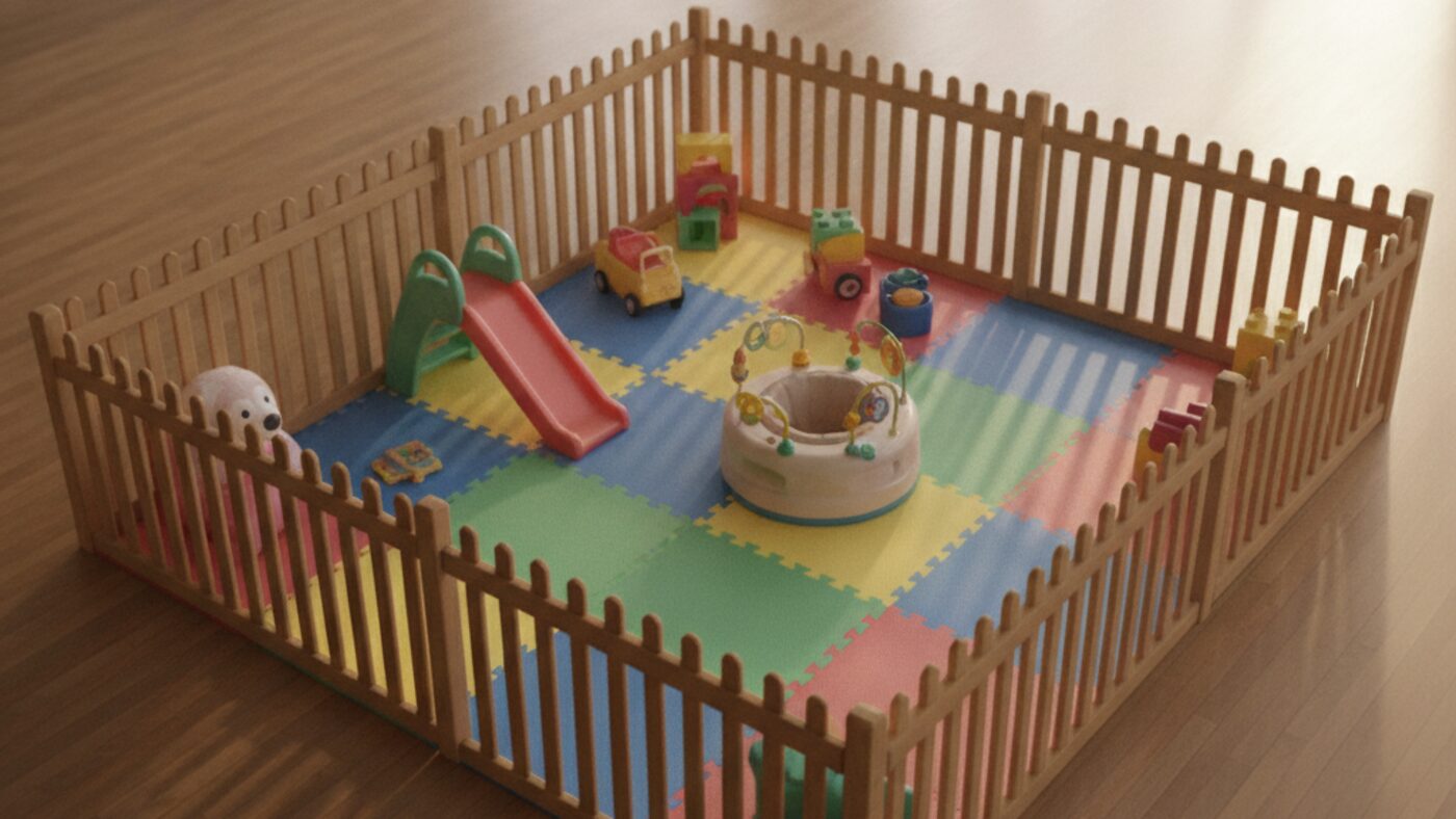 Children's play area with foam mats, toys and an exersaucer behind a low fence at the edge of a gym