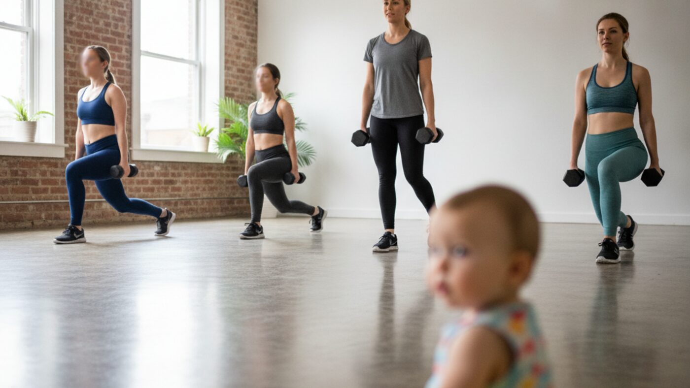 Small group of women doing dumbbell lunges in a fitness studio while a toddler watches from a play mat