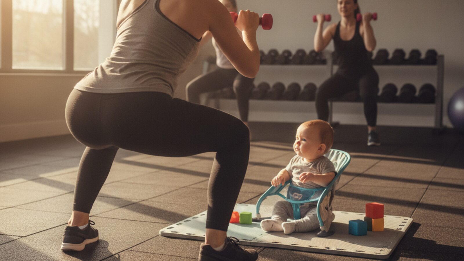 Mother doing a squat with dumbbells in a fitness studio while her baby sits in a bouncer on a play mat beside her