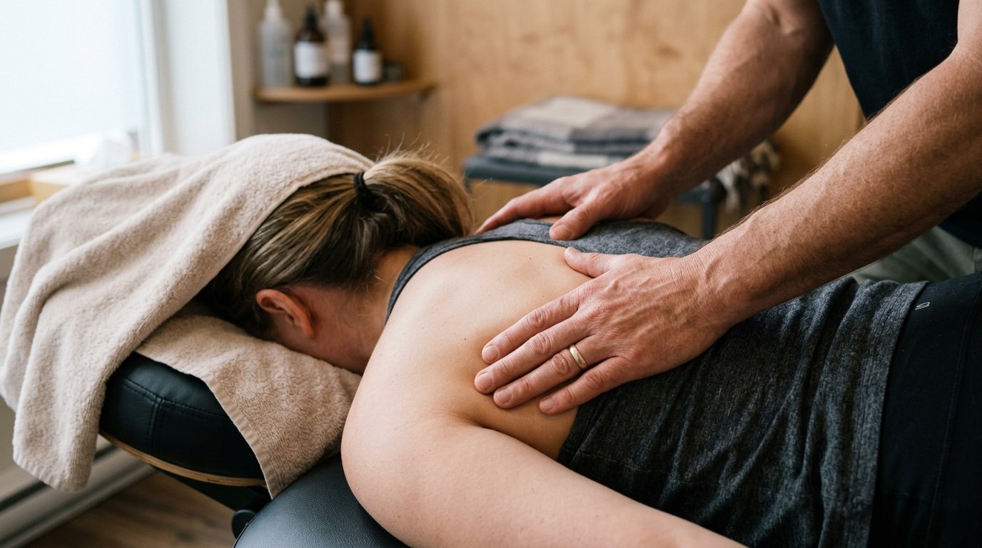 Practitioner's hands applying a gentle hands-on technique to a patient's upper back on a treatment table