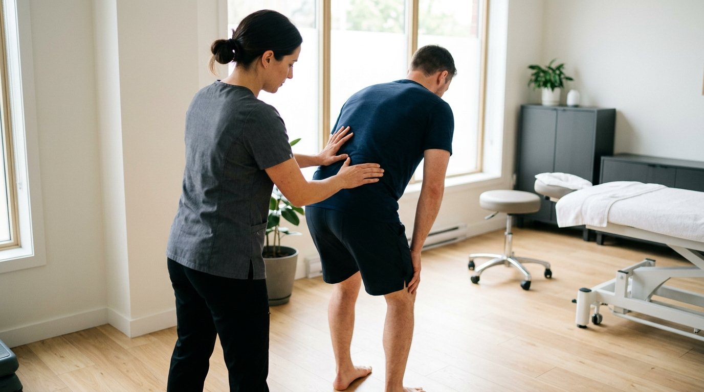 Practitioner assessing a patient's lower back mobility as the patient bends forward in a clinic room