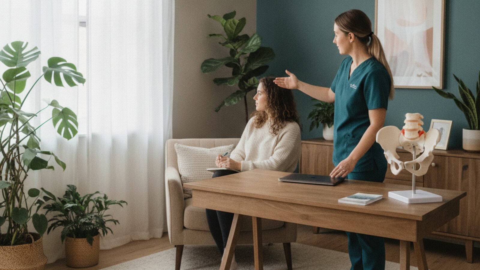 Pelvic floor physiotherapist explaining a pelvis model to a patient in a calm consultation room