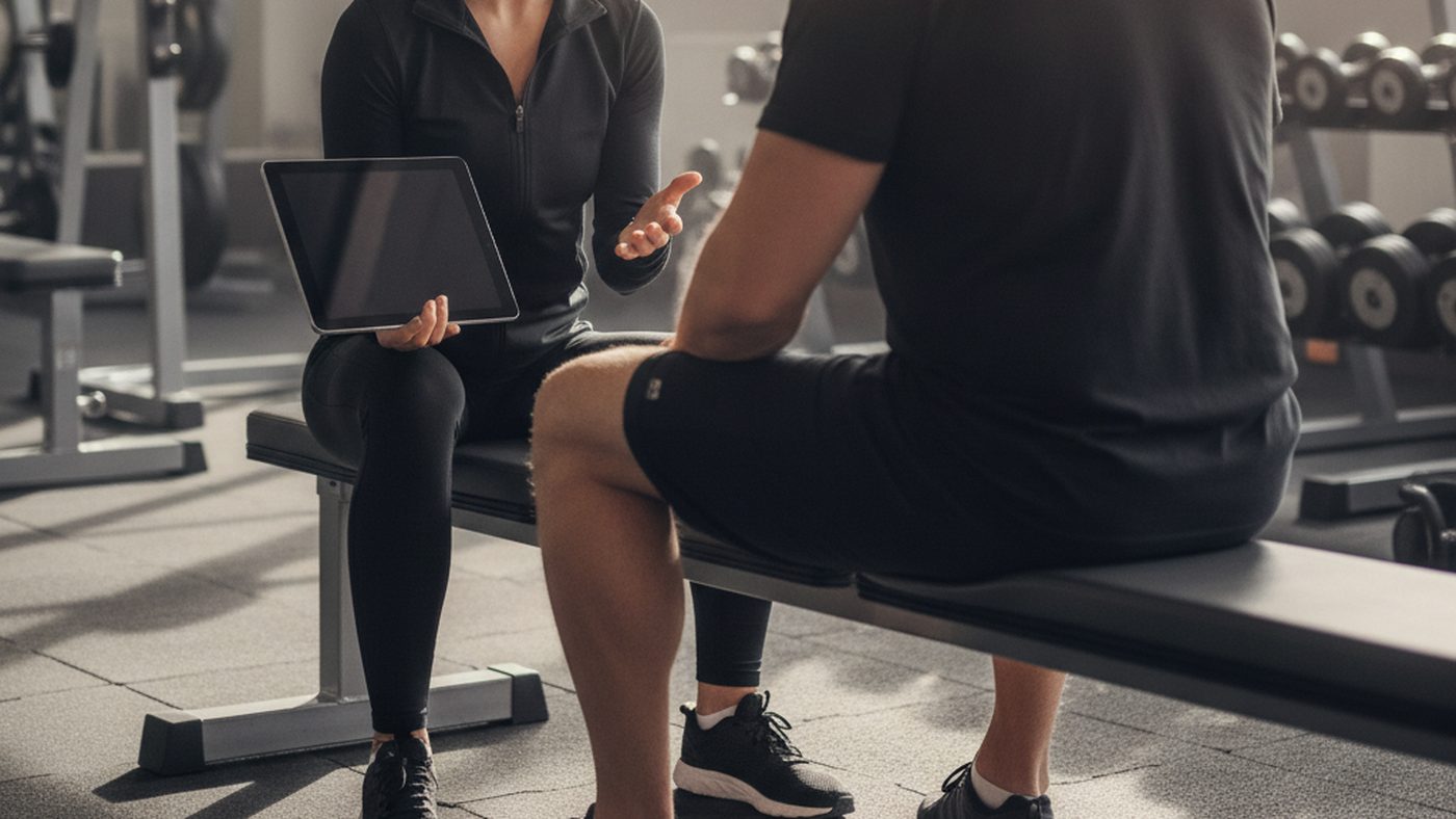 Coach and client sitting on a gym bench discussing goals during a personal training consultation