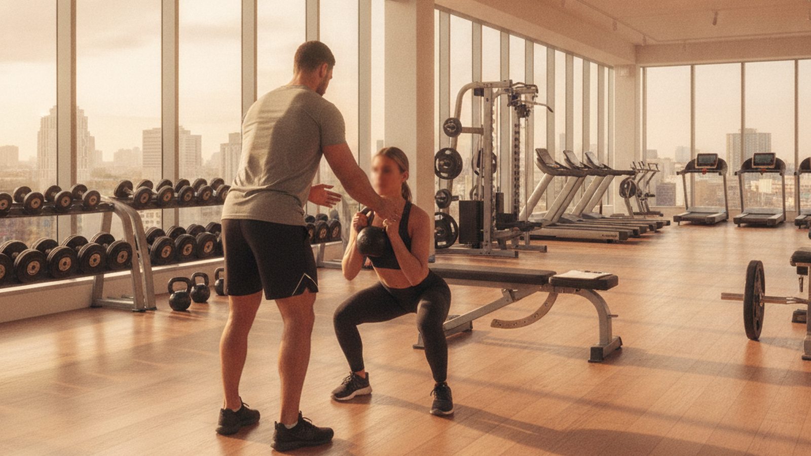 Personal trainer coaching a client through a kettlebell goblet squat in a bright gym