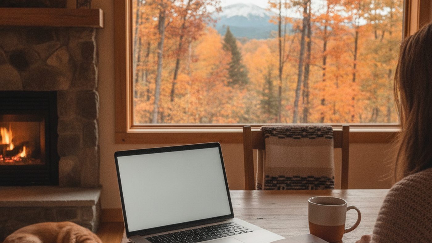 Person at a kitchen table with a laptop and a mug of tea, checking their physiotherapy benefits at home