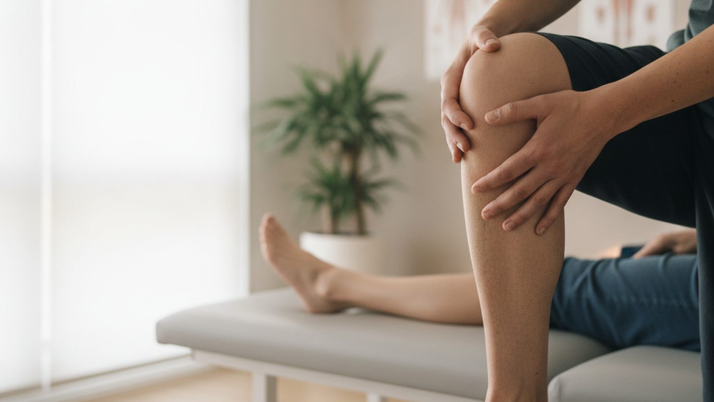 Physiotherapist assessing a patient's knee movement on a treatment table during a physiotherapy appointment