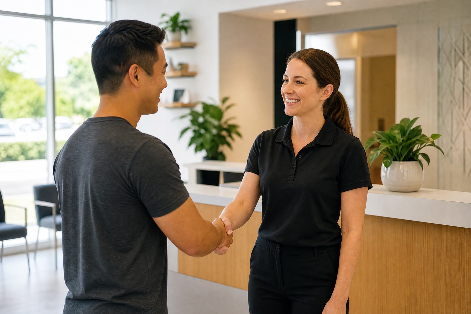 Patient and physiotherapist after a first physiotherapy appointment consultation