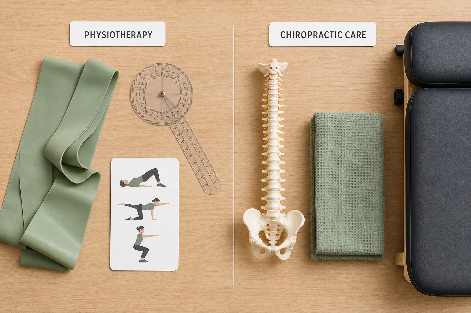 Visual comparison of physiotherapy tools versus chiropractic care tools
