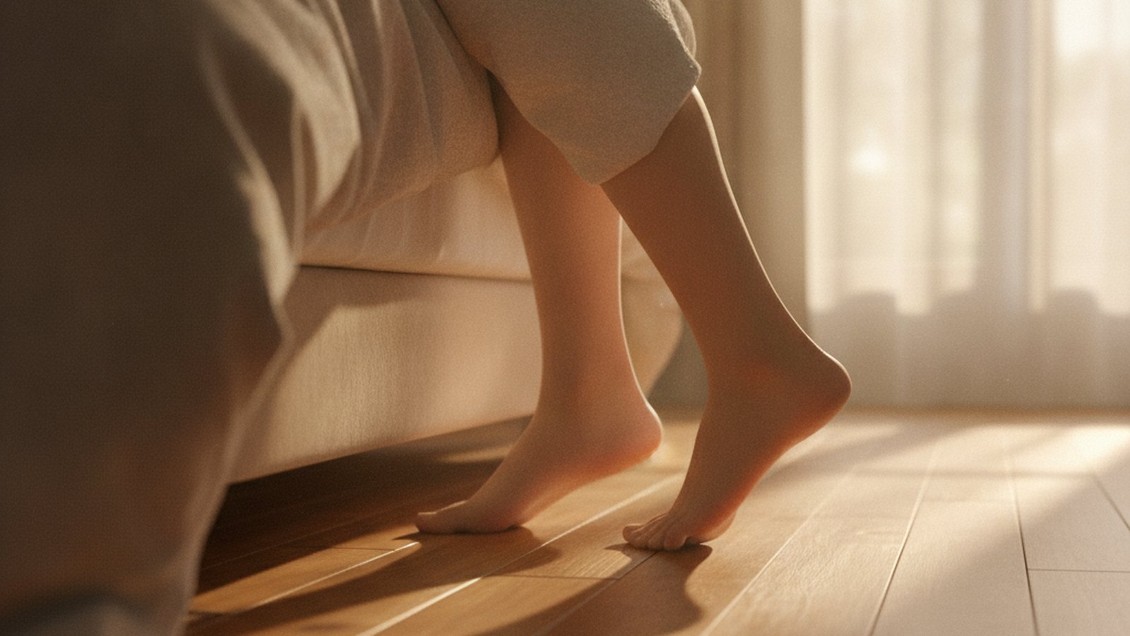 Bare feet stepping down onto a bedroom floor in early morning light