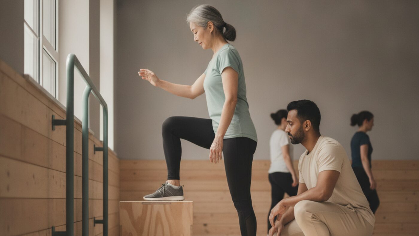 Client working through a slow controlled step-up onto a low box during a return-to-training session