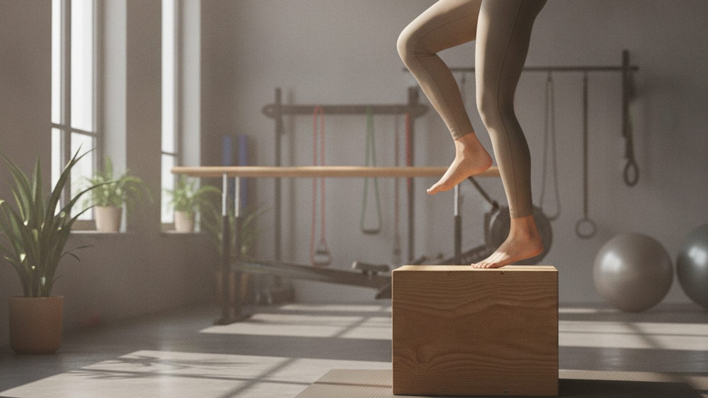 Person doing a controlled step-down exercise from a low wooden box in a rehabilitation gym