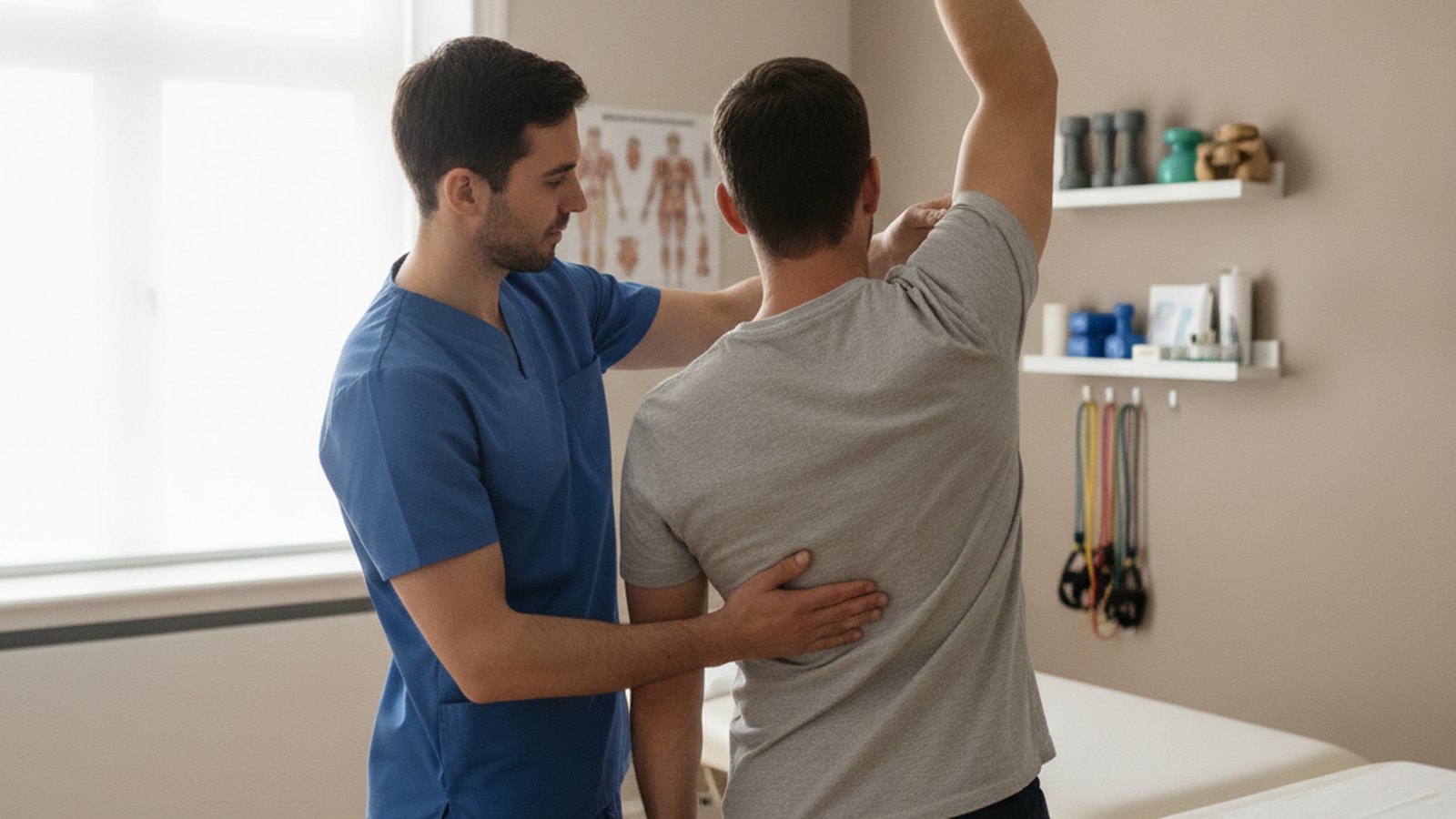 Physiotherapist assessing a patient's shoulder range of motion in a clinic room