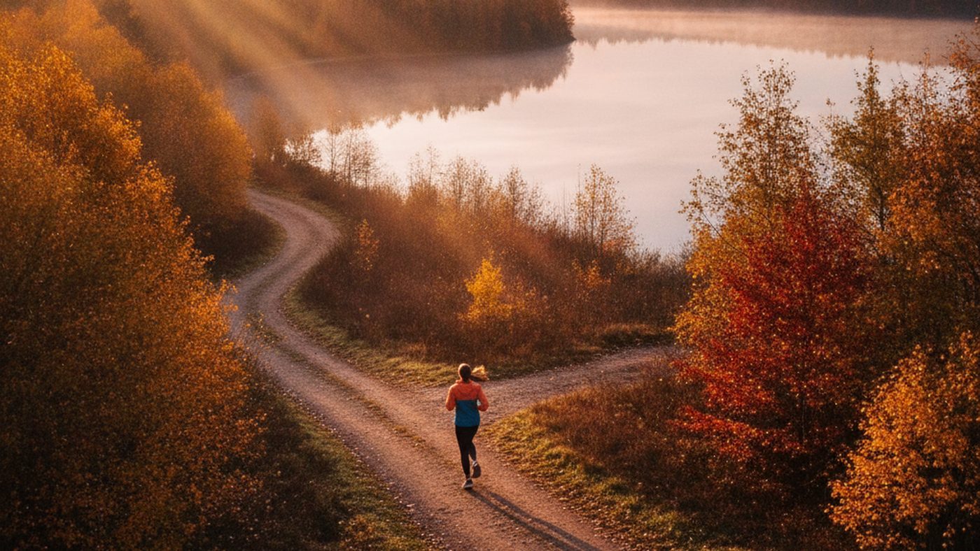 Woman running on a lakeside trail through autumn trees, returning to exercise after pelvic floor rehab