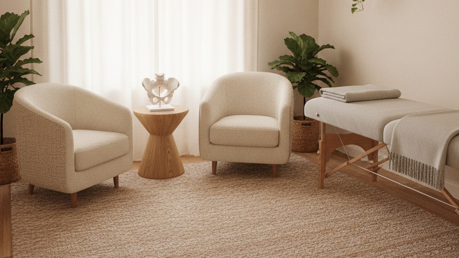 Calm private pelvic floor physiotherapy consultation room with two chairs and a pelvis model on a side table